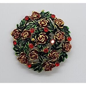Rose Floral Wreath Brooch Rhinestone & Enamel Gold Tone Metal Christmas Colors